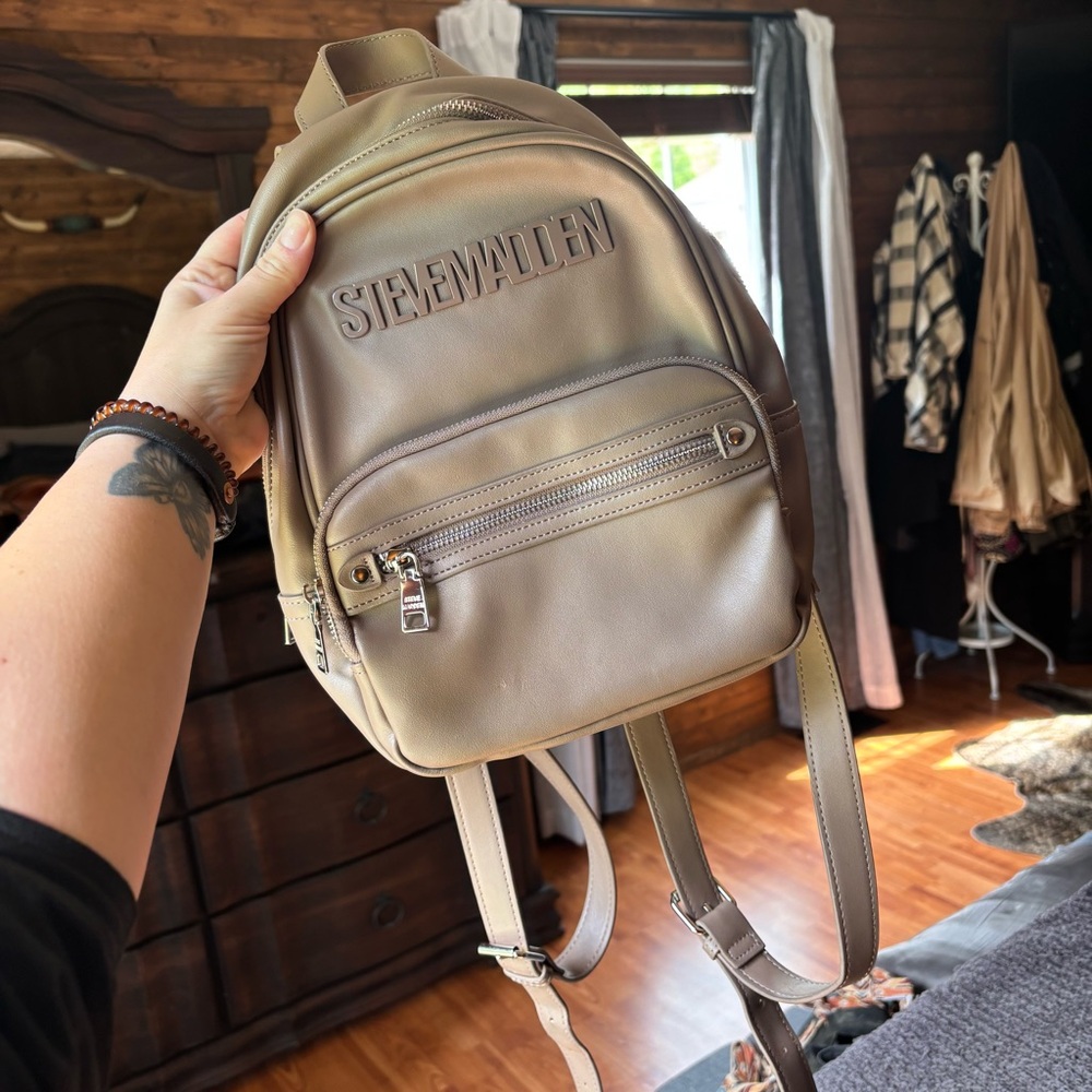 New Steve Madden Backpack Purse, Faux Leather, Silver Hardware, Taupe / Tan